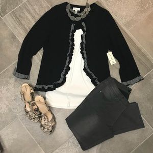 Kim Rogers Black Cardigan with White/Black Ruffles